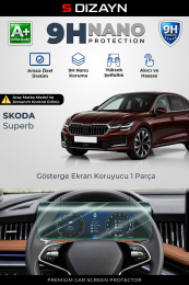 S-Dizayn Skoda SuperB Premium/Prestige/Sportline 9H Nano Gösterge Ekran Koruyucu (PARLAK) 2024-2025 A+ Kalite