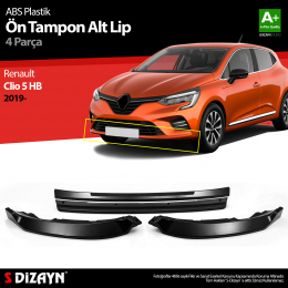 S-Dizayn Renault Clio 5 HB ABS Plastik Ön Tampon Alt Lip Siyah Ekli 4 Prç. 2019 Üzeri A+Kalite