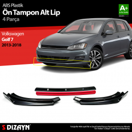 S-Dizayn VW Golf 7 ABS Plastik Ön Tampon Alt Lip Kırmızı Ekli 4 Prç. 2013-2018 A+Kalite