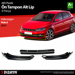 S-Dizayn VW Polo 6 ABS Plastik Ön Tampon Alt Lip Siyah Ekli 4 Prç. 2017 Üzeri A+Kalite