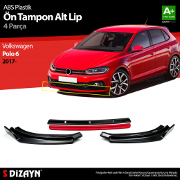 S-Dizayn VW Polo 6 ABS Plastik Ön Tampon Alt Lip Kırmızı Ekli 4 Prç. 2017 Üzeri A+Kalite